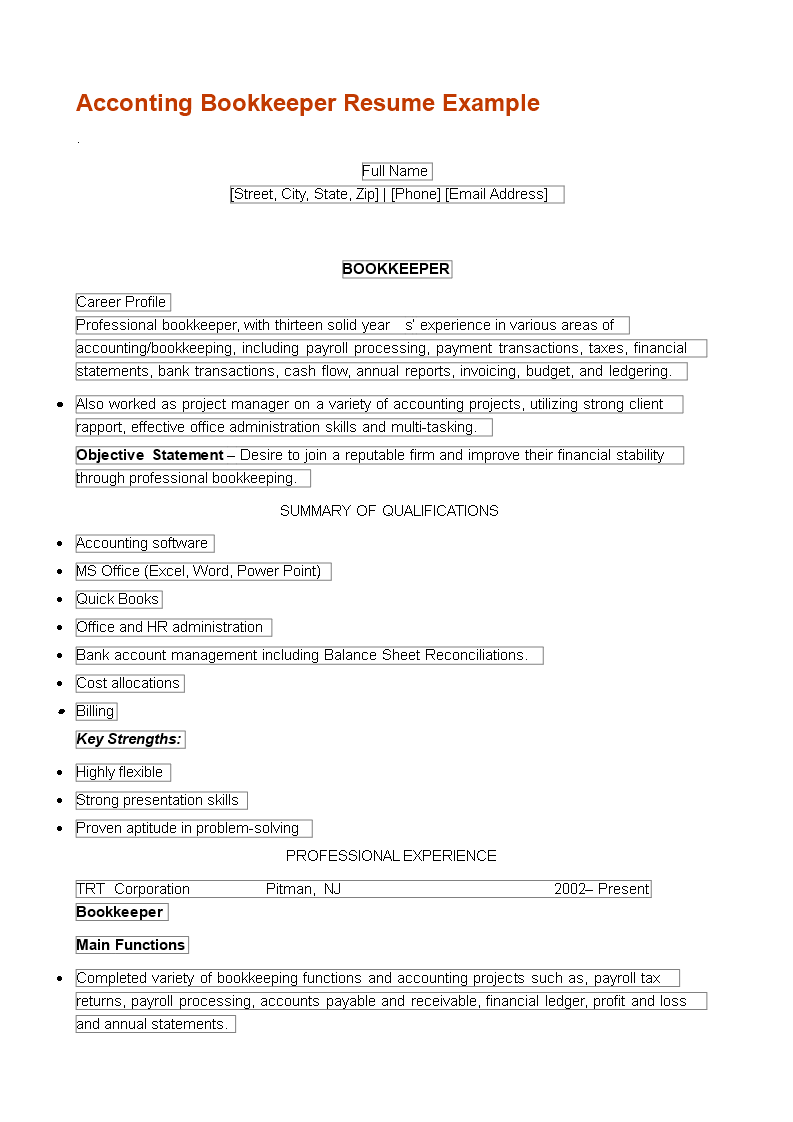 accouting bookkeeper resume template