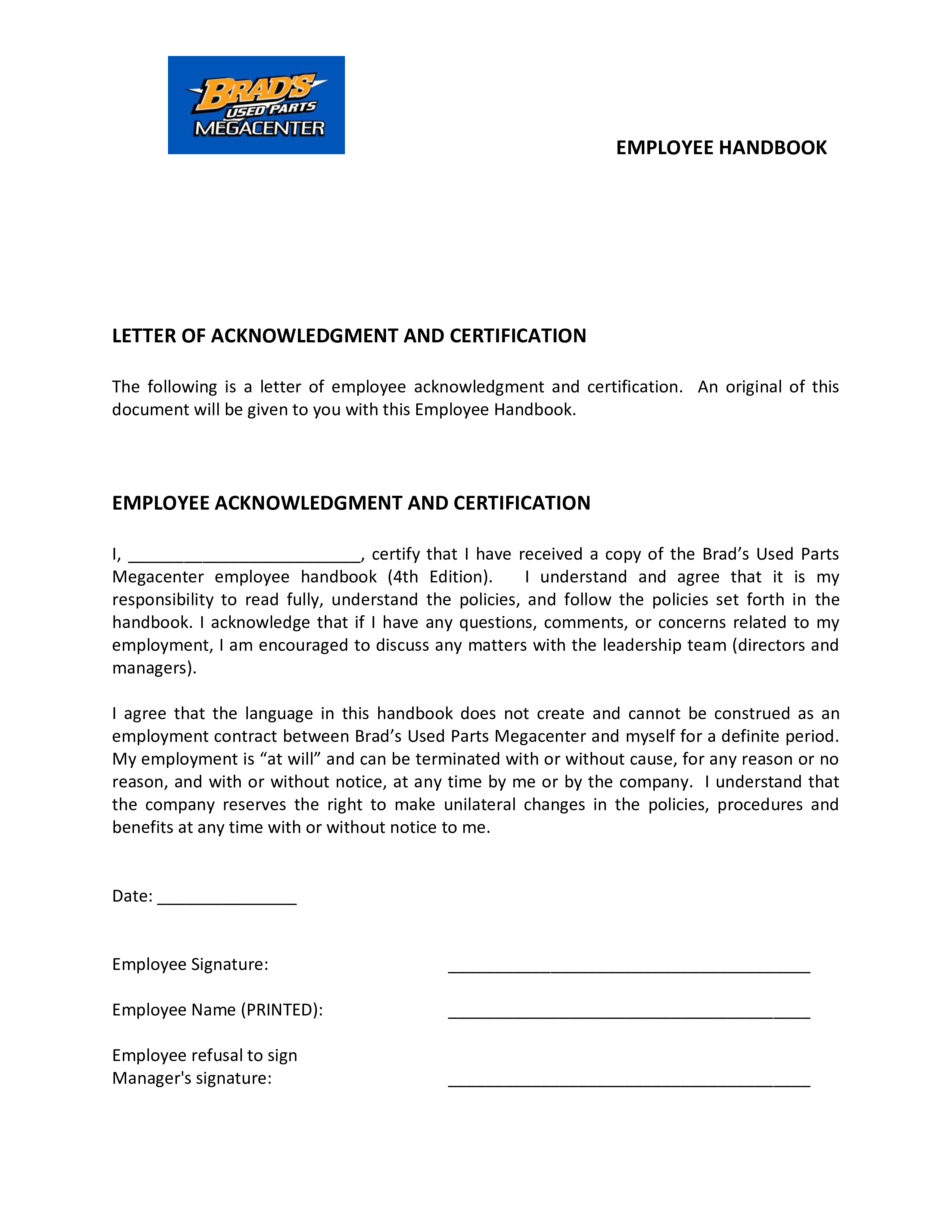 Employee Handbook Acknowledgement Letter Templates At Allbusinesstemplates