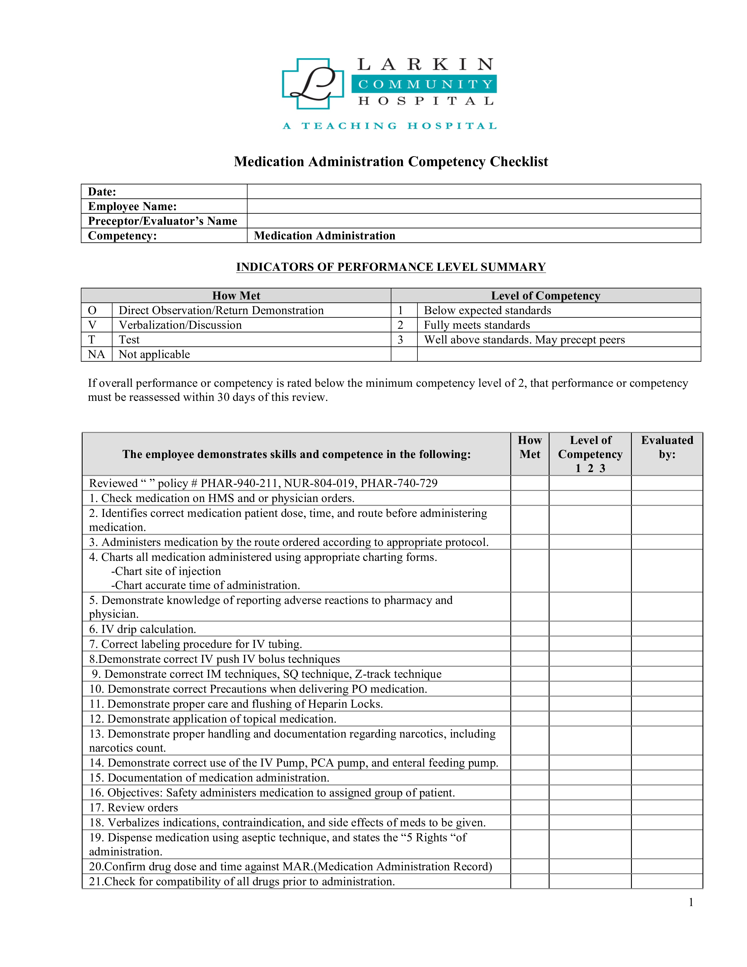 Printable Competency Checklist Template