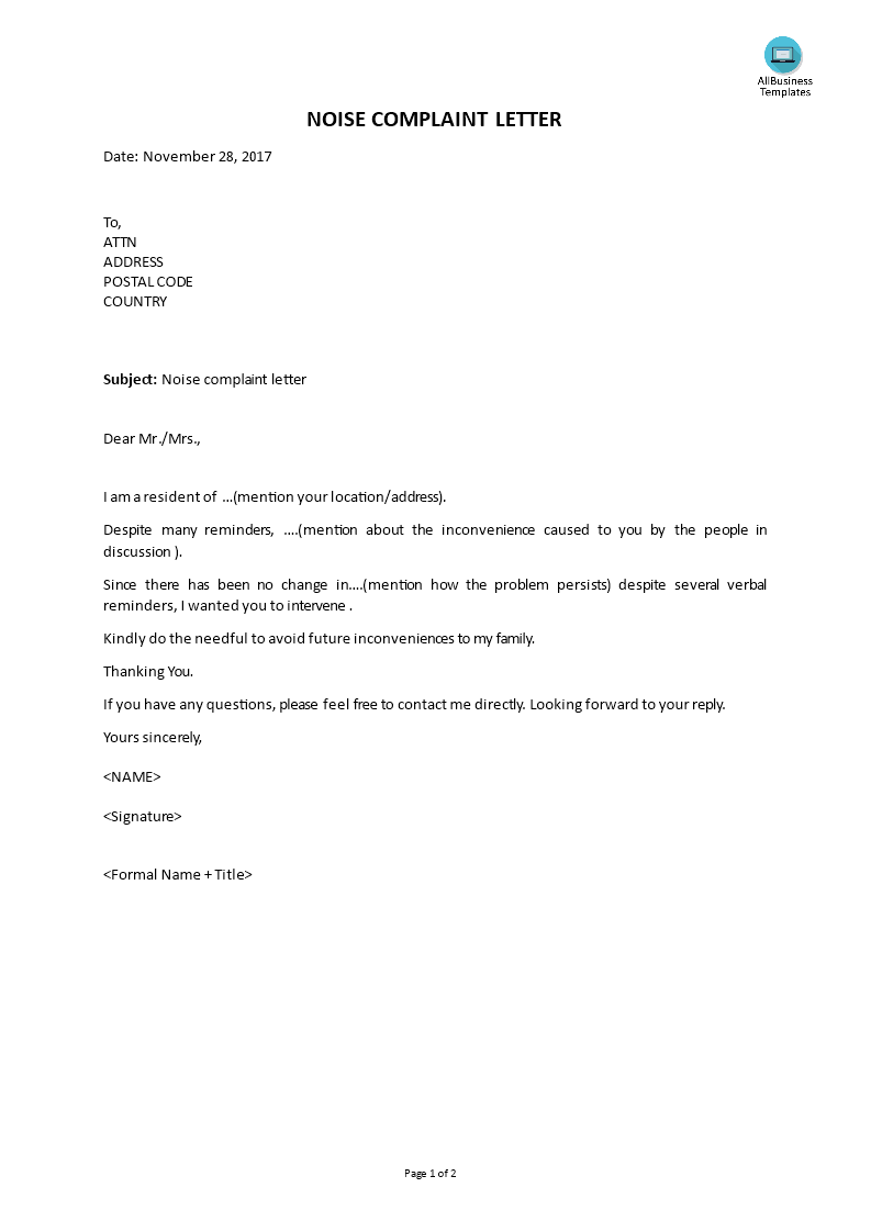 Noise Complaint Letter Gratis