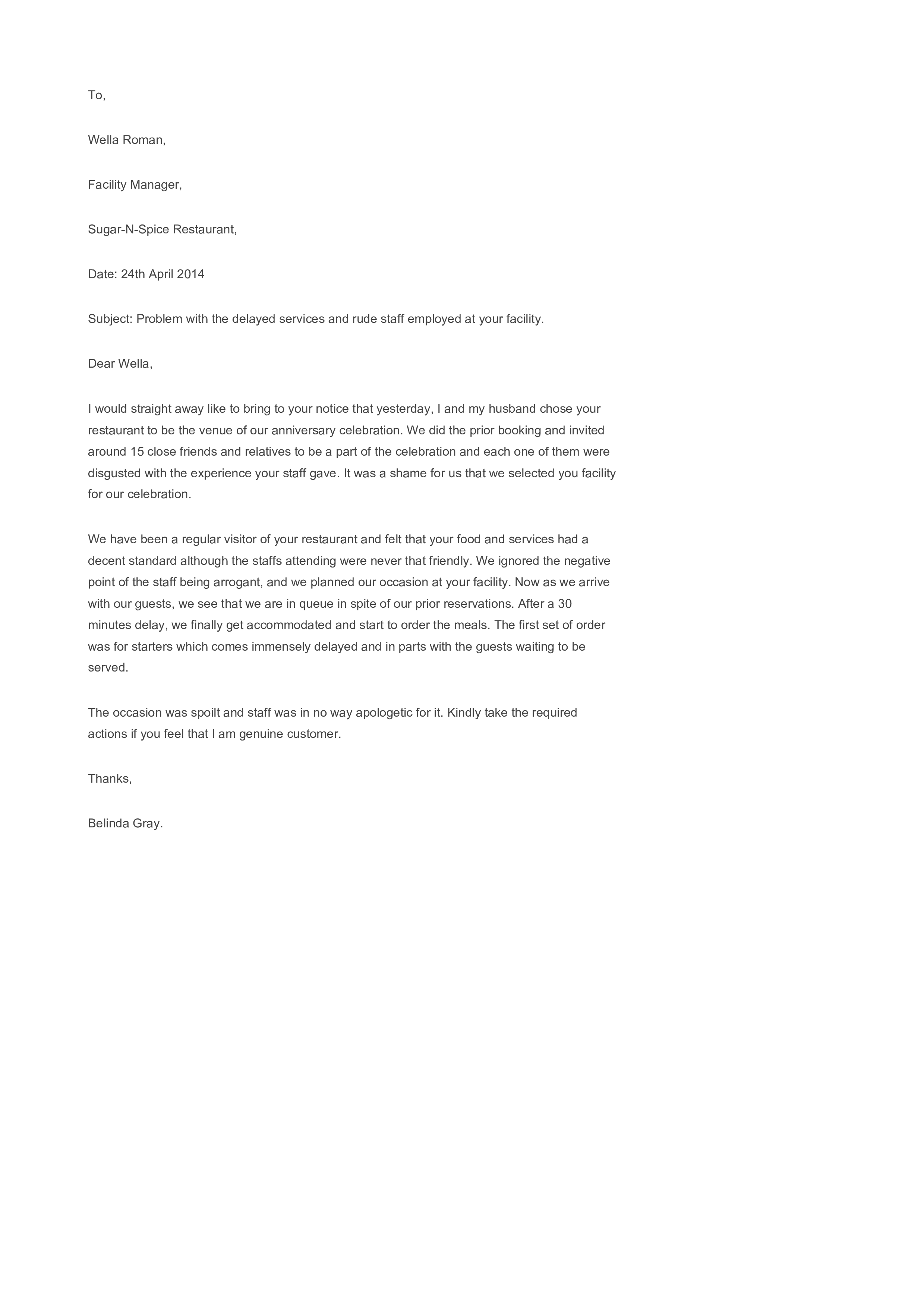 Restaurant Plaint Response Letter