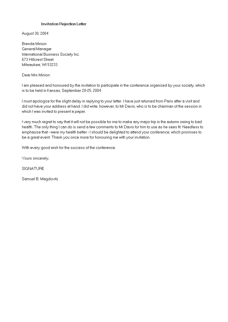 免费 Invitation Rejection Letter | 样本文件在 allbusinesstemplates.com