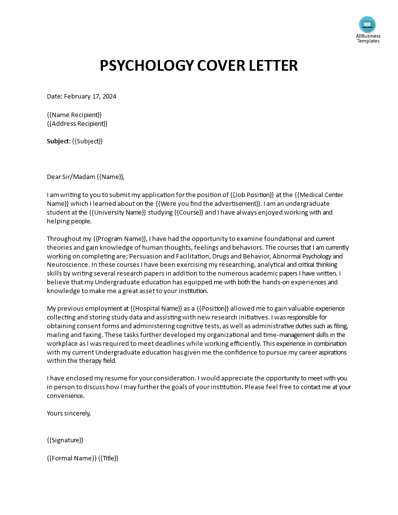 psychologist cover letter sample