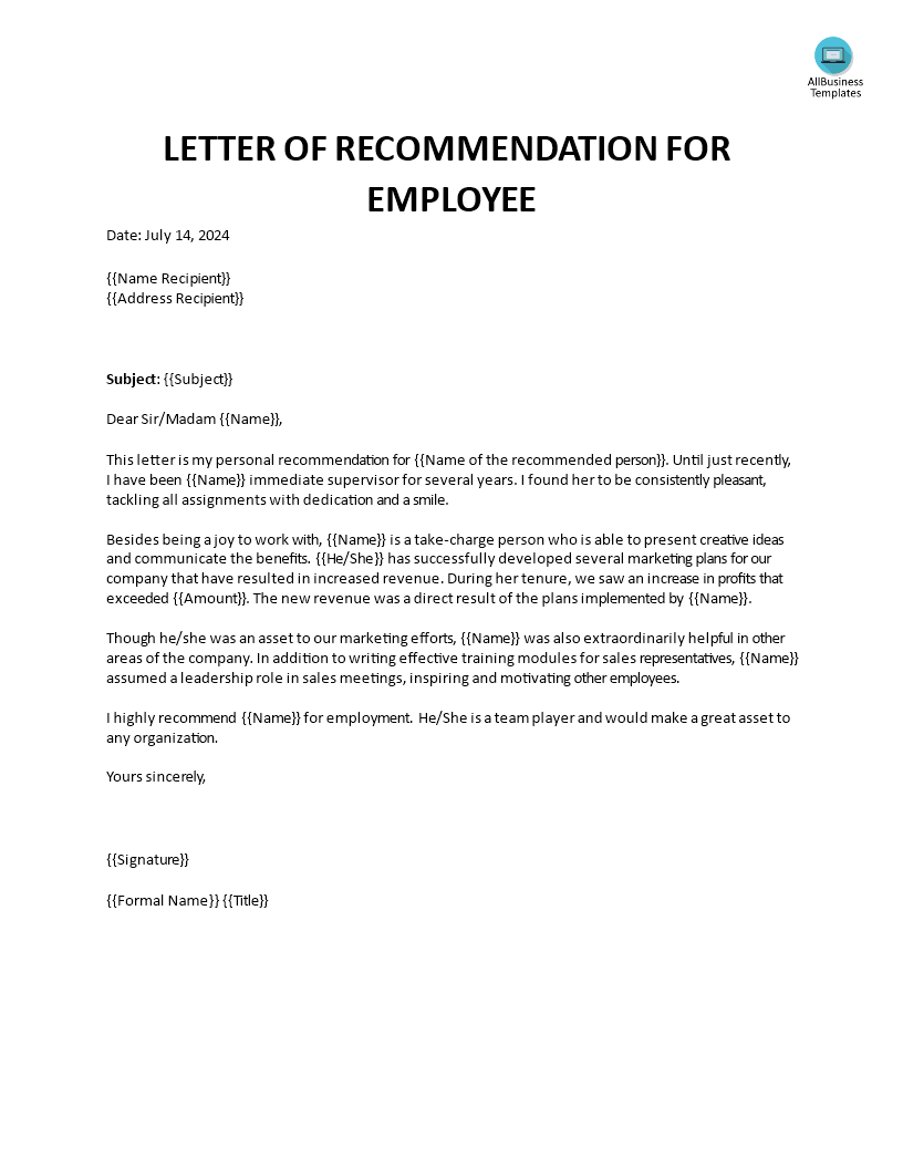 Sample Letter Of Recommendation For Employee 