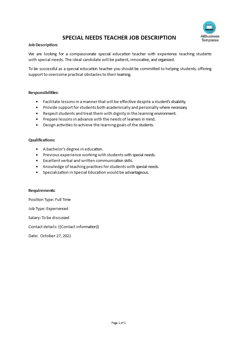 Special Needs Teacher Job Description Templates At 