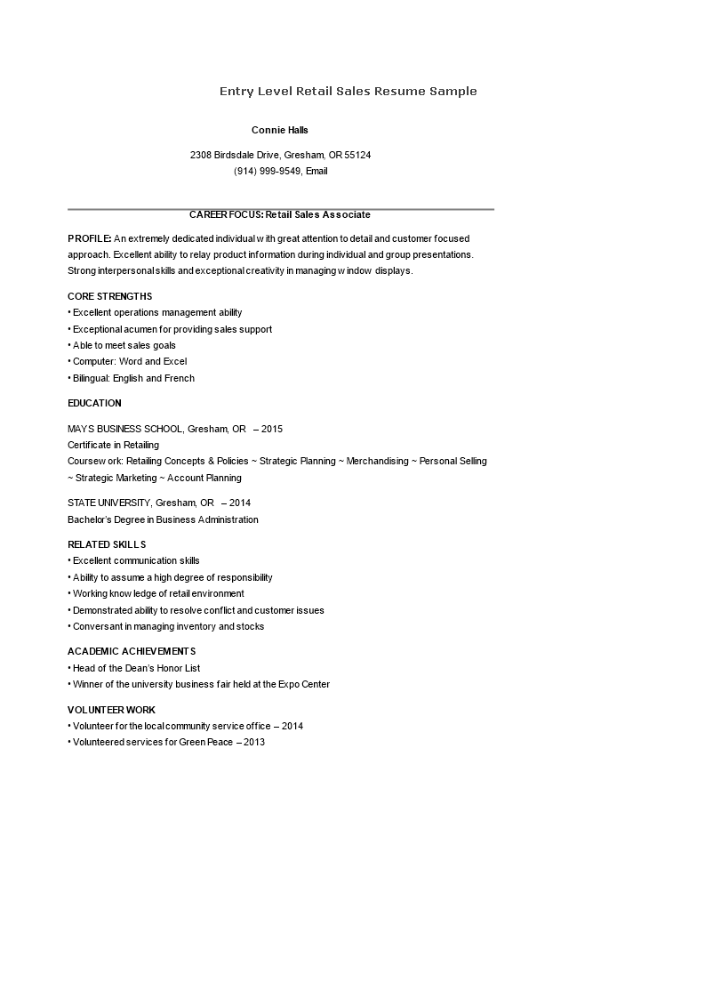 Kostenloses Entry Level Retail Sales Resume Template