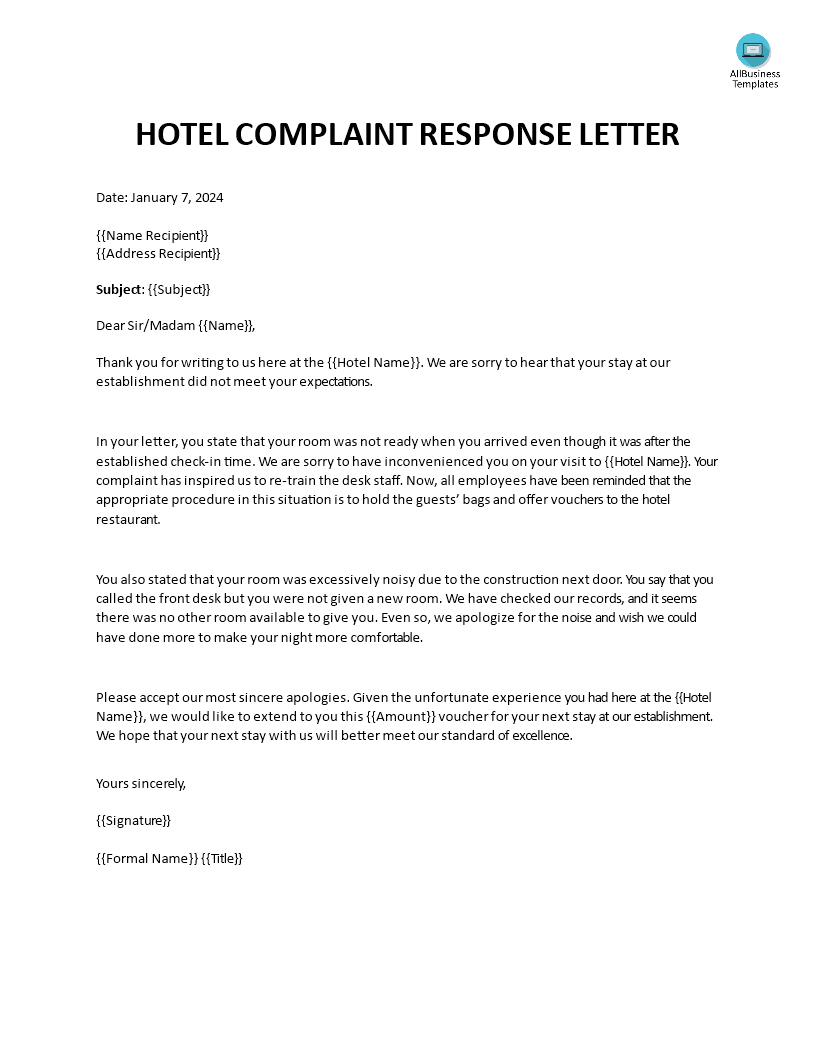 Hotel Complaint Response Letter Templates At Allbusinesstemplates