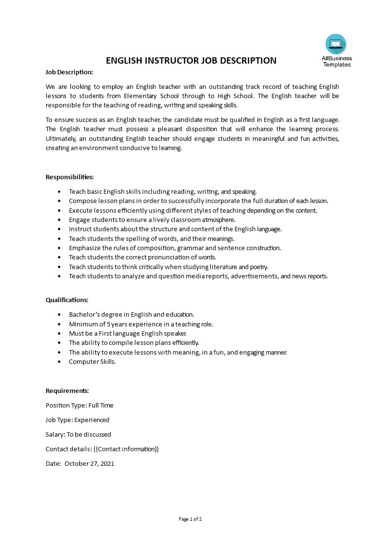 Gratis English Instructor Job Description