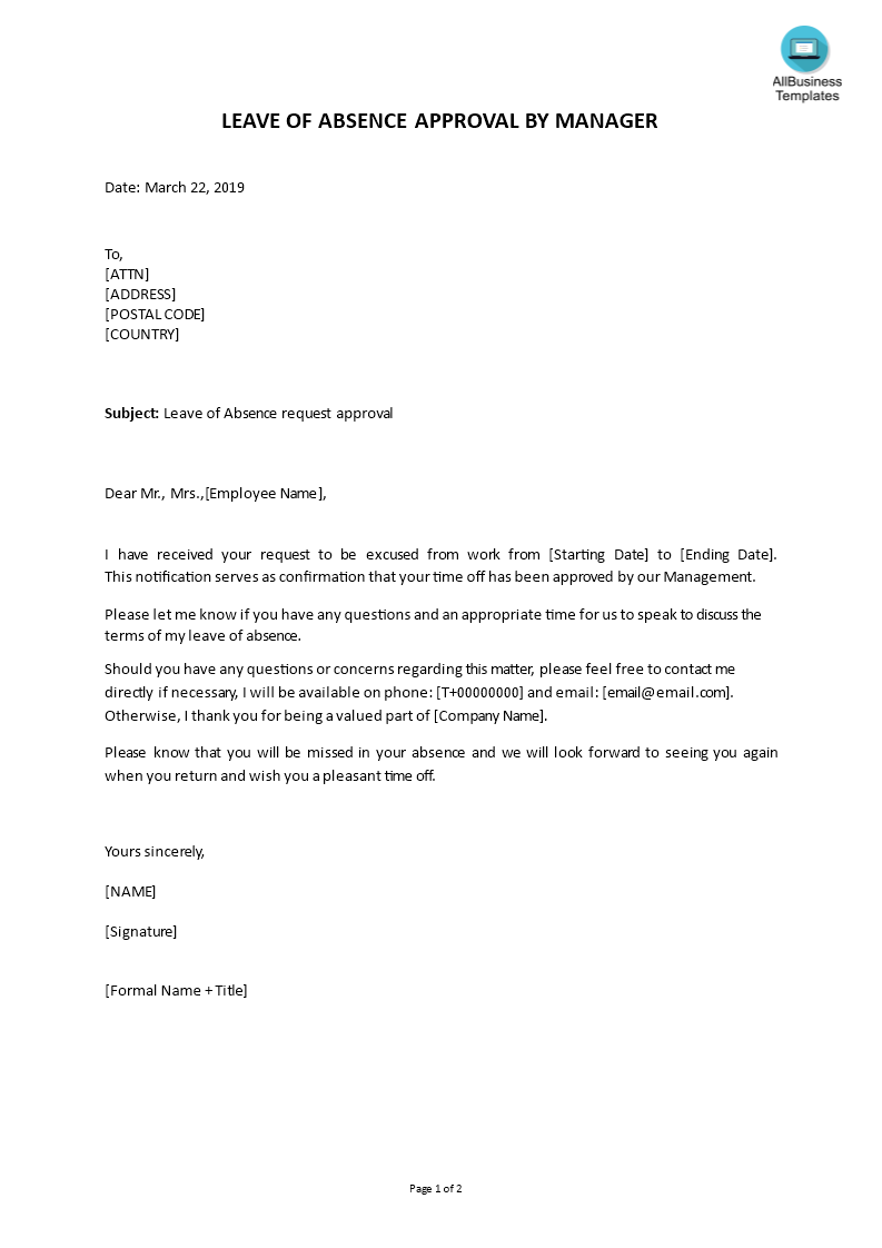 leave of absence vacation approval letter template