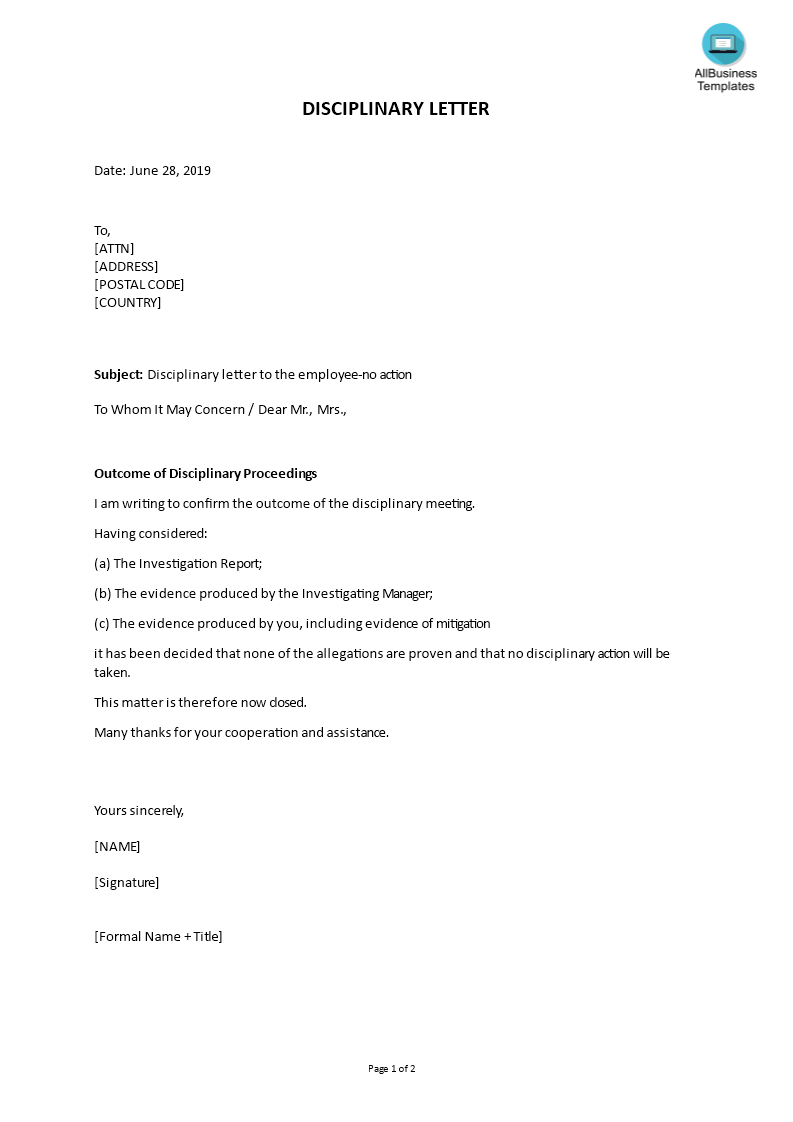 Sample Disciplinary Letter To The Employee Templates At 