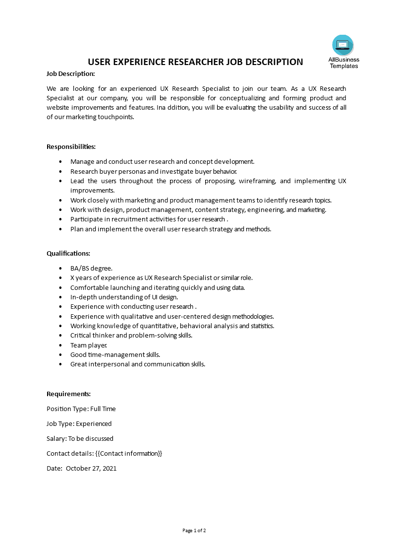 User Experience Researcher Job Description Gratis