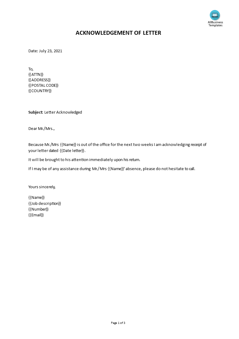 Acknowledgement Letter Sample Templates at