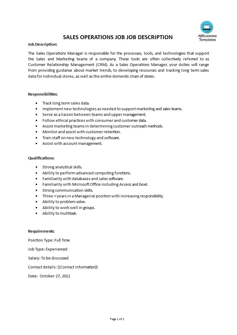 Libreng Sales Operations Job Job Description