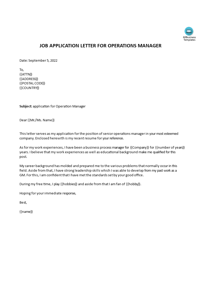 application letter for operations manager