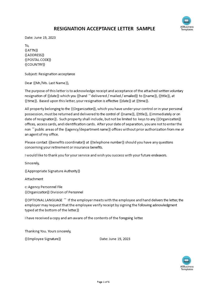 Letters Of Acceptance Of Resignation | Templates at ...