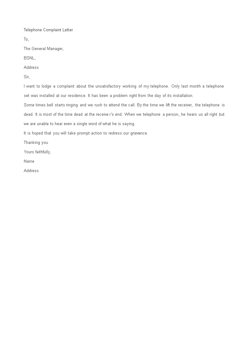 Telephone Complaint Letter Format Templates At Allbusinesstemplates