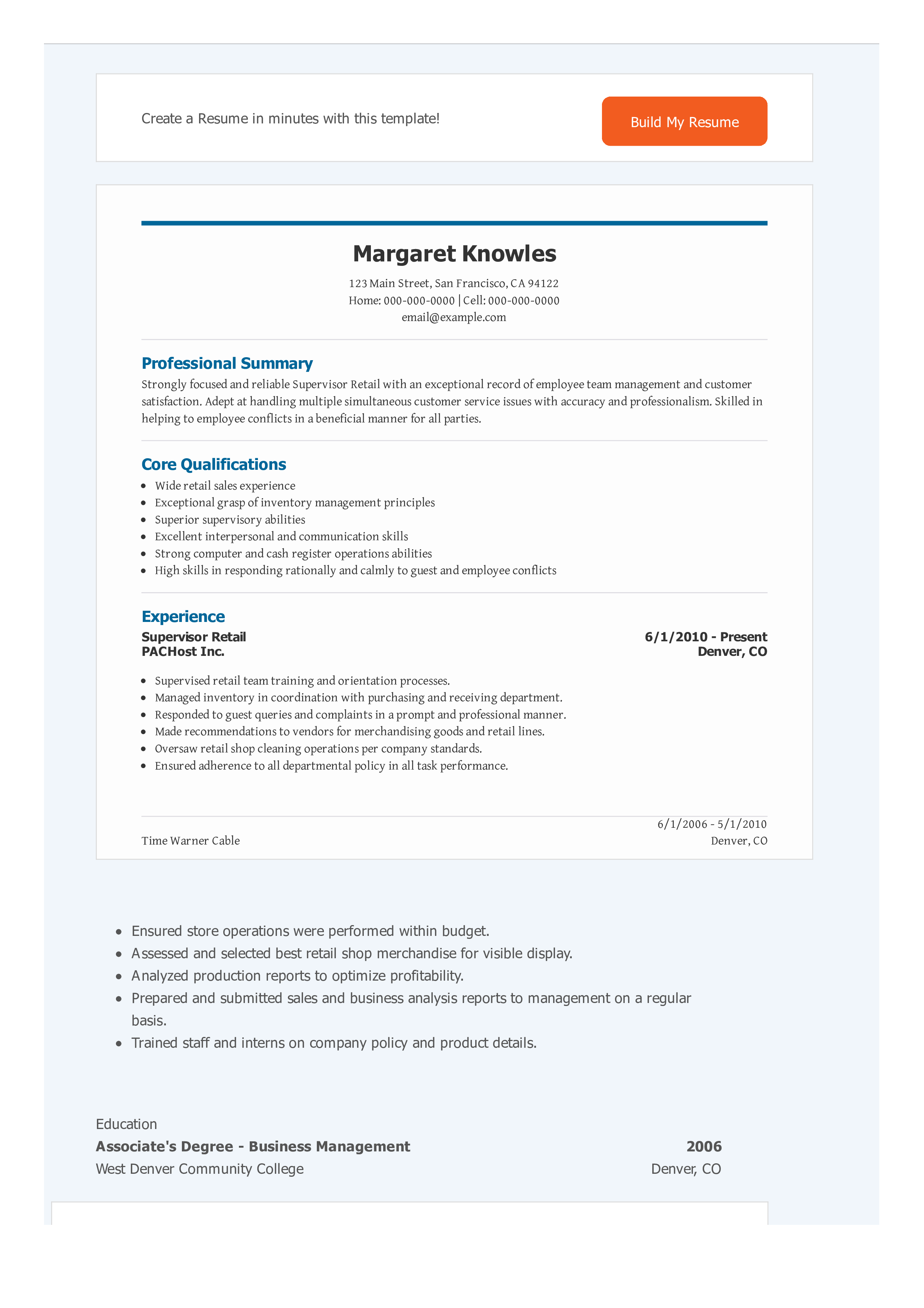 Retail Sales Supervisor Resume Templates At Allbusinesstemplates