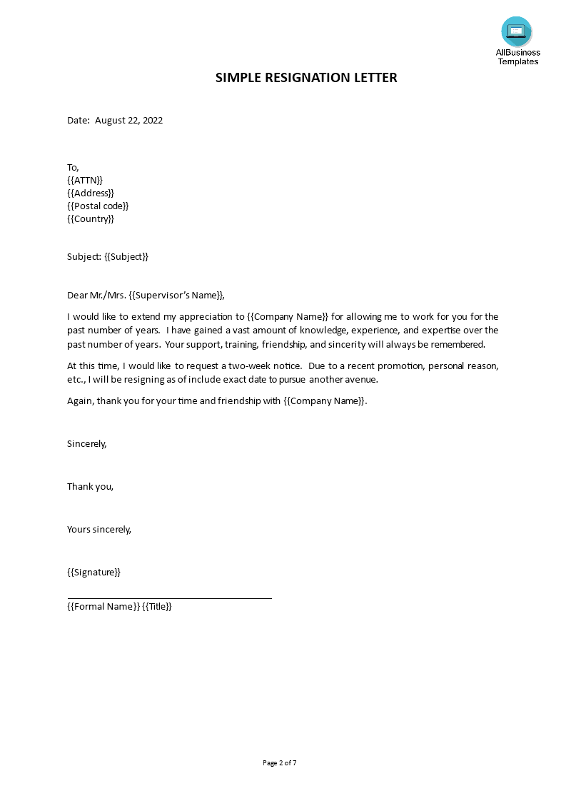 Kostenloses Simple Resignation Letter For Personal Reason Word