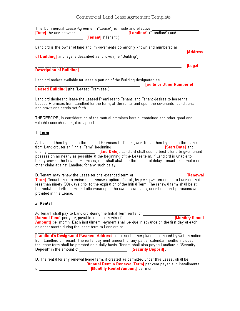 commercial land lease agreement template