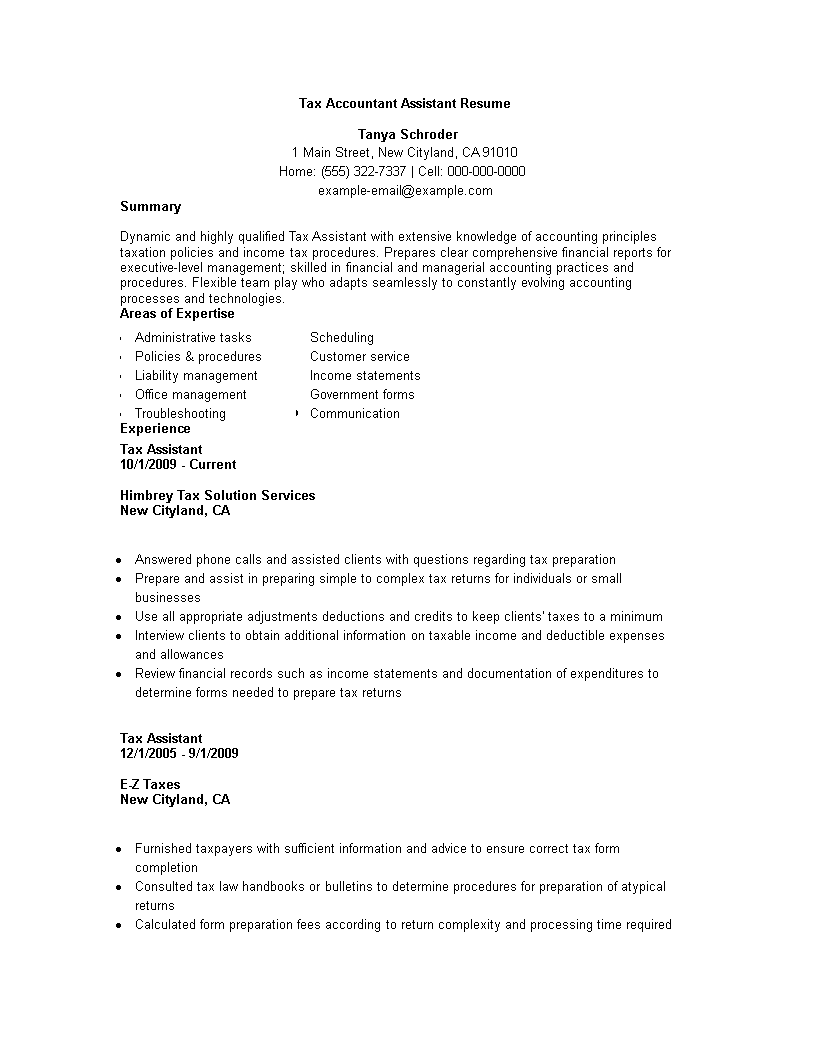 Tax Accountant Assistant Resume Templates At Allbusinesstemplates