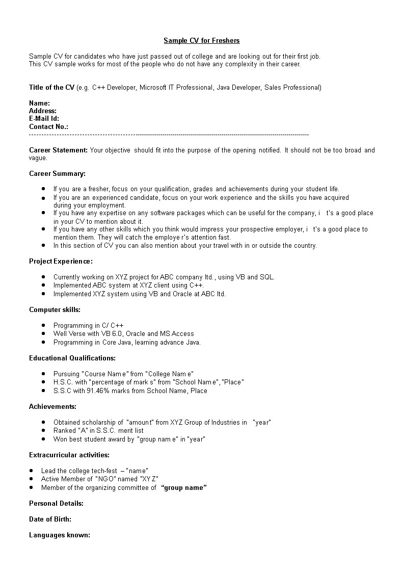 resume format of fresher