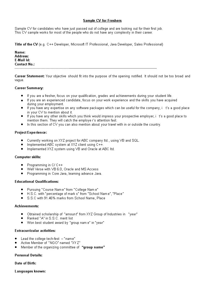 Basic Resume Template For Freshers Perfect Template Ideas Vrogue