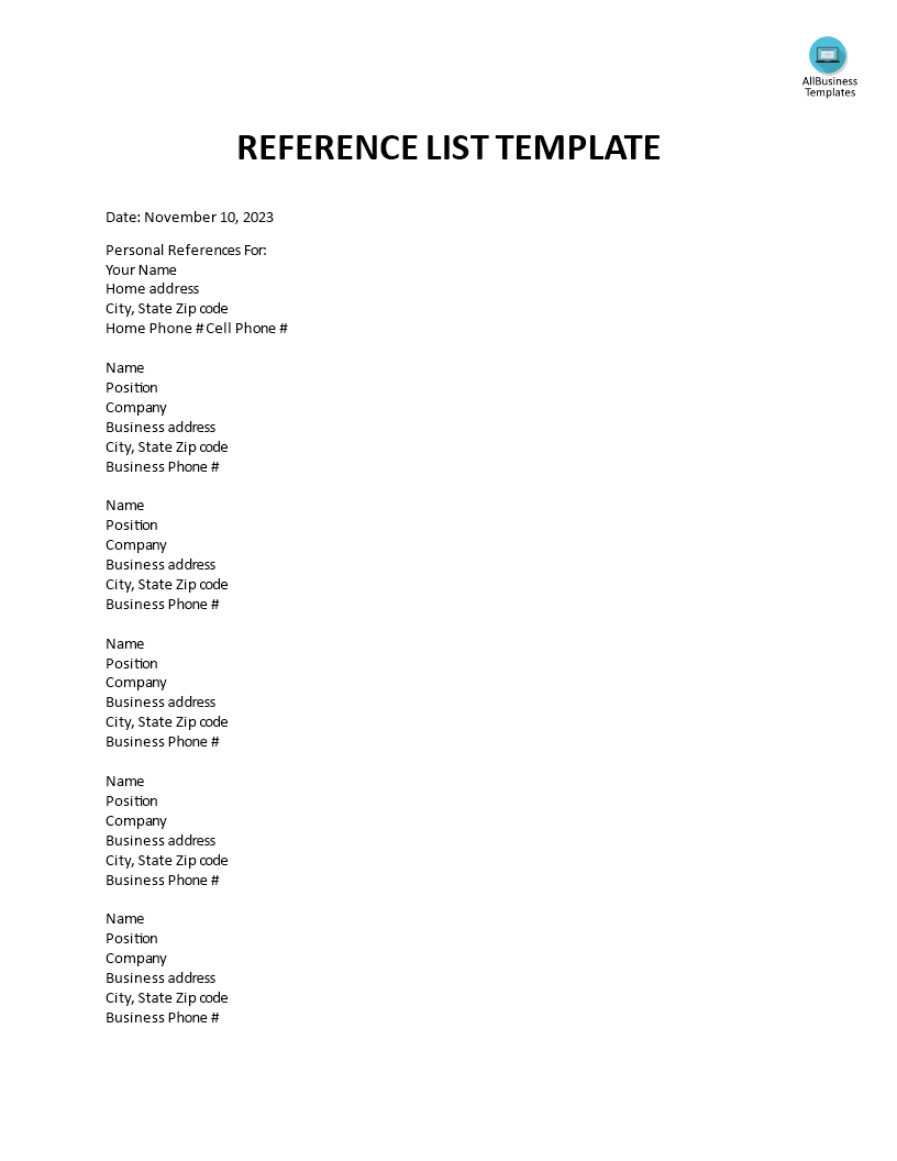 Personal Reference List Example | Templates at allbusinesstemplates.com