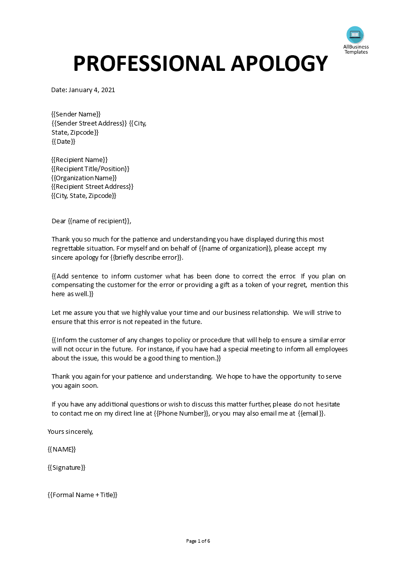 Business Formal Apology Letter Templates At Allbusinesstemplates