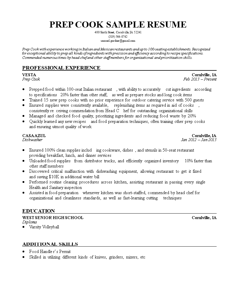 School Cook Resume Sample April 2021