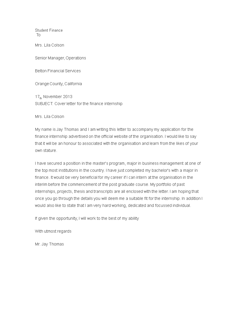 student finance cover letter example
