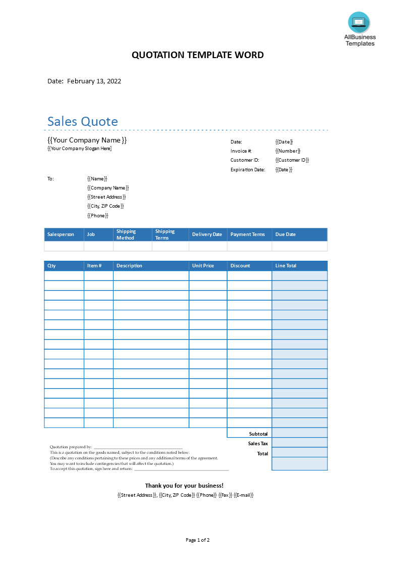 quotation template word template