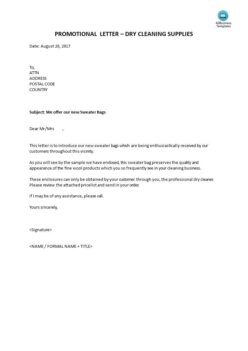 promotional letter - dry cleaning supplies template