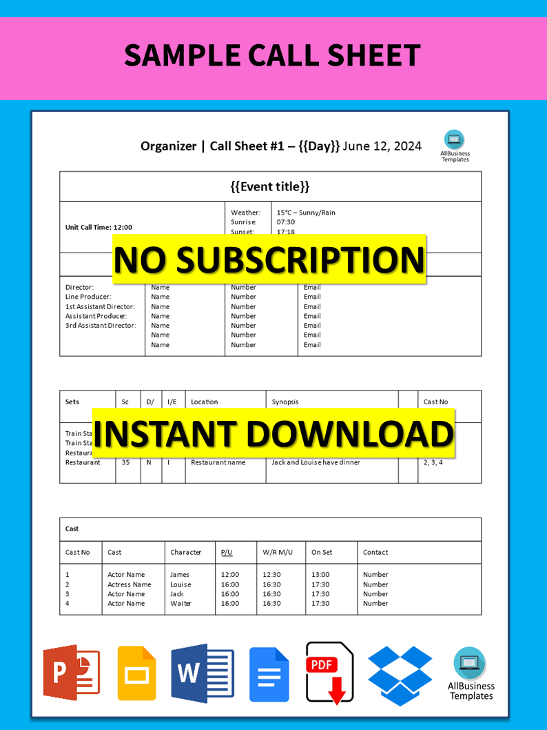 sample call sheet template