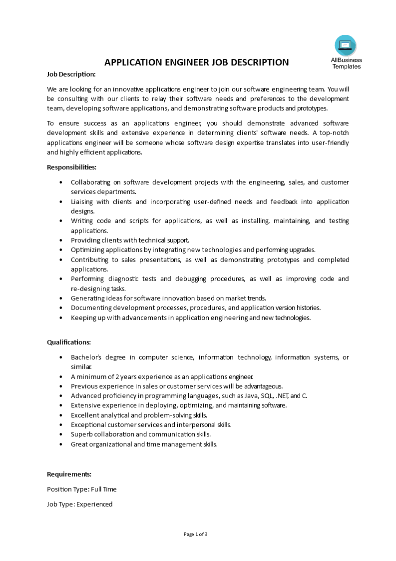  Application Engineer Job Description Allbusinesstemplates