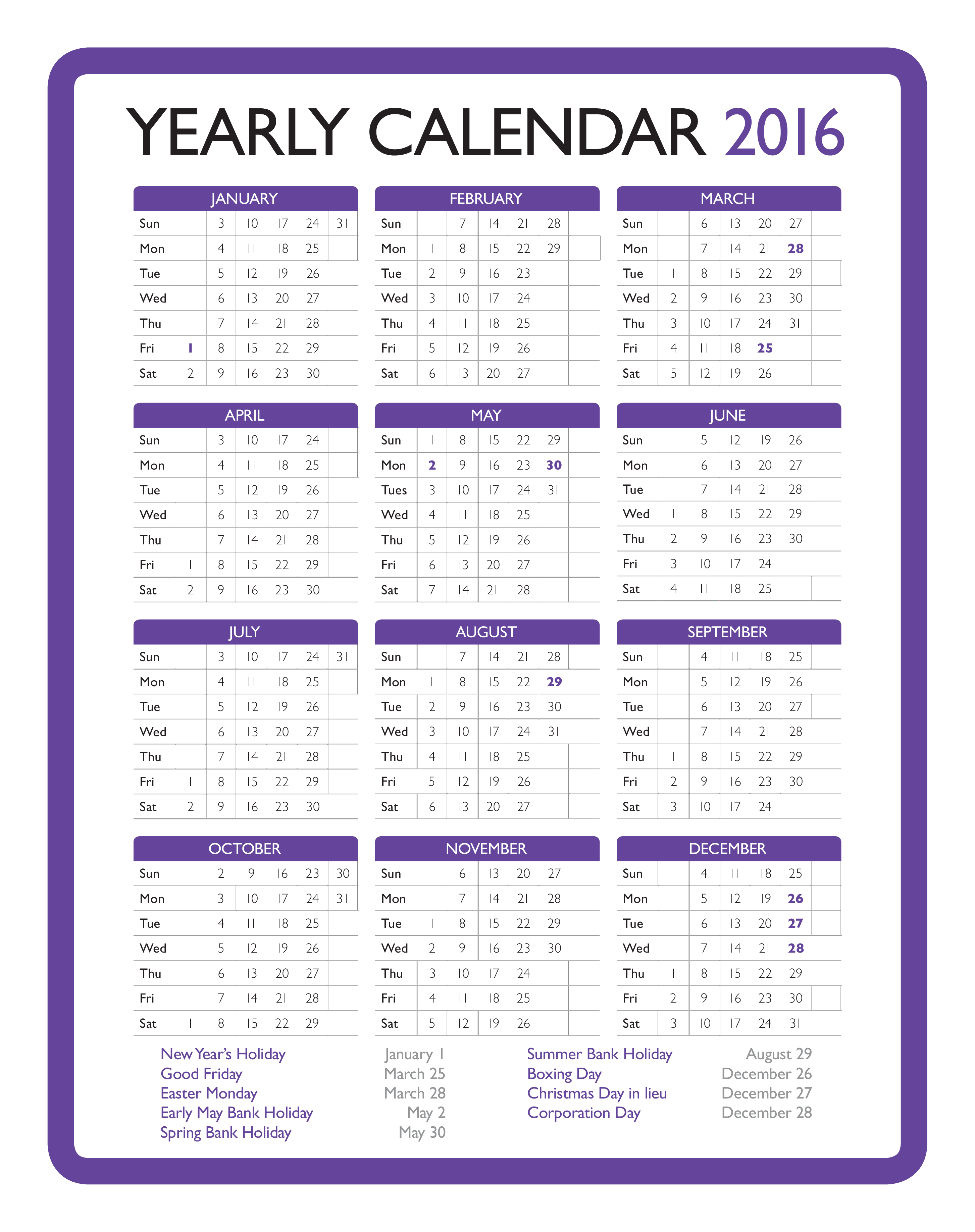  Printable Yearly Calendar Allbusinesstemplates