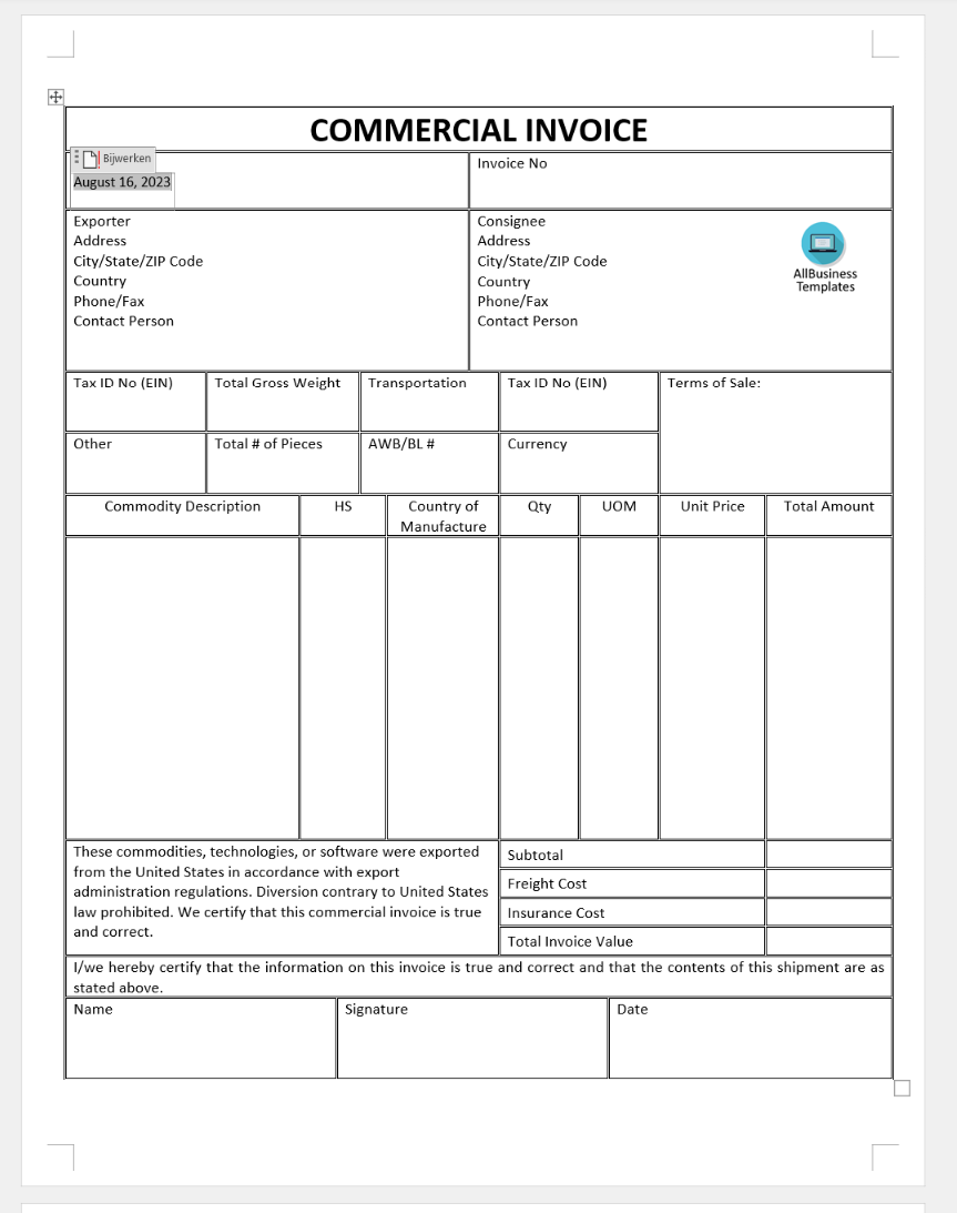 Commercial Invoice | Templates at allbusinesstemplates.com