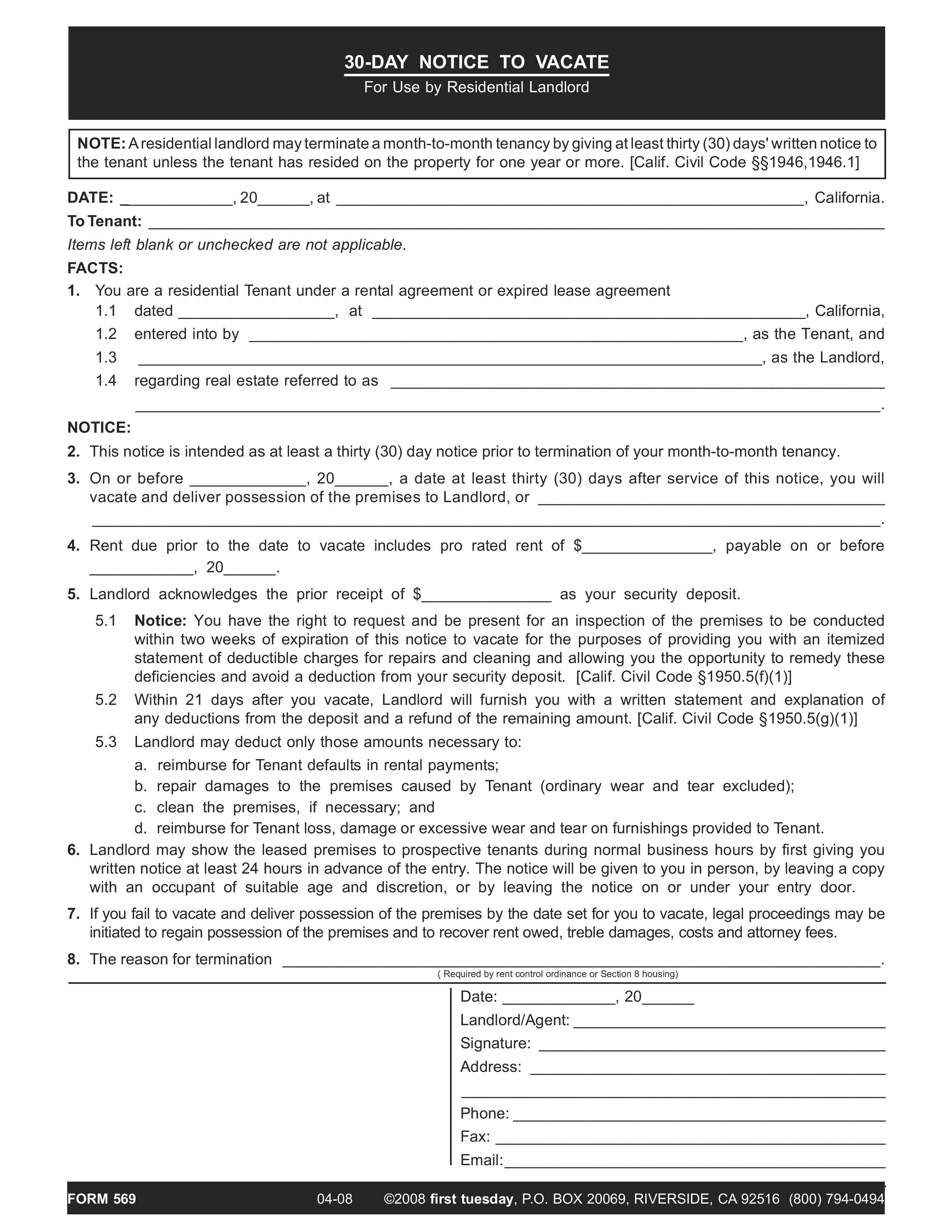 Printable 30 Day Eviction Notice Templates at
