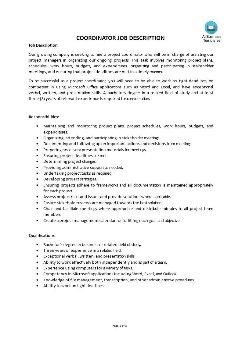 Gratis Coordinator Job Description