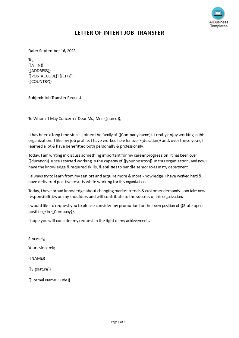 Job Transfer Request Letter Relocation Template | Templates at ...