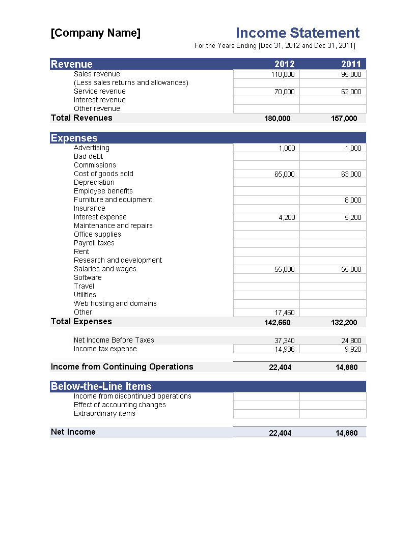 company income statement excel template