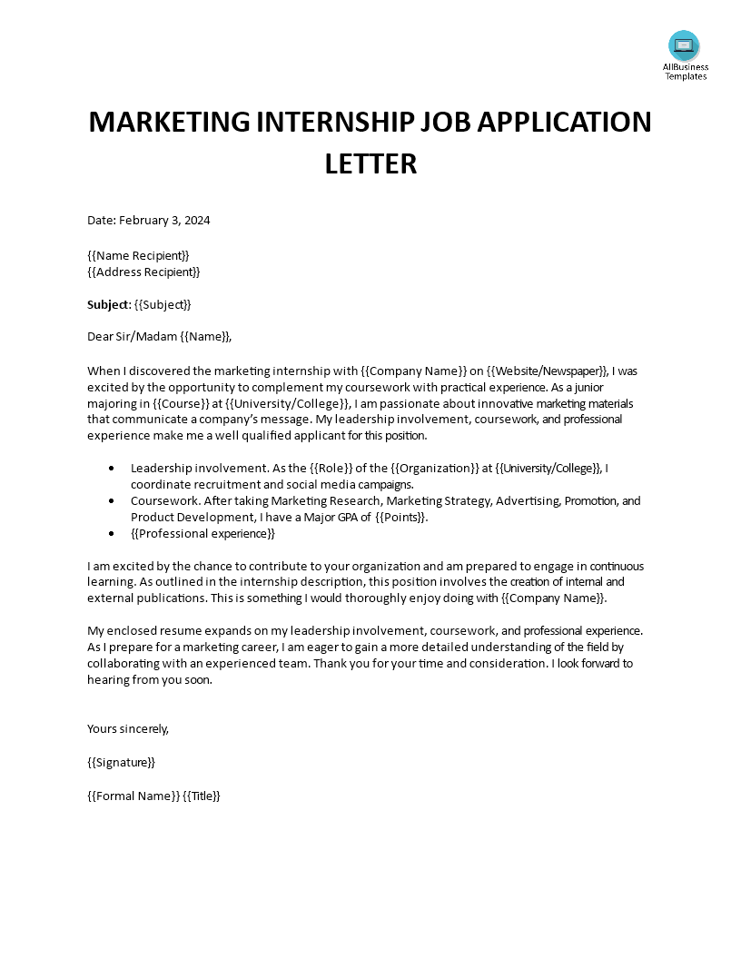 Application Letter for Marketing Internship Gratis