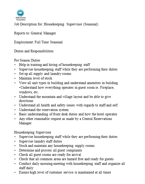 HouseKeeping Supervisor Job Description Gratis