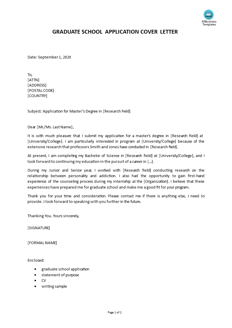 Graduate School Application Cover Letter Templates At 