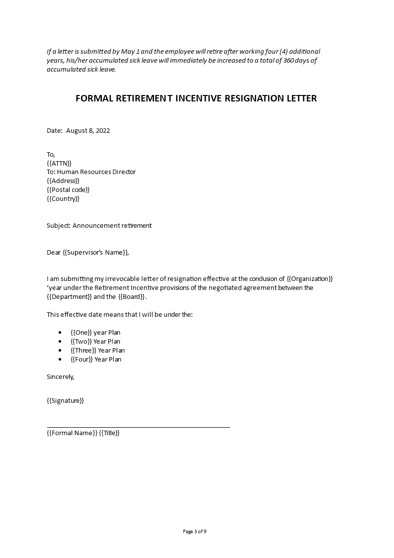 Early Retirement Resignation Letter 模板