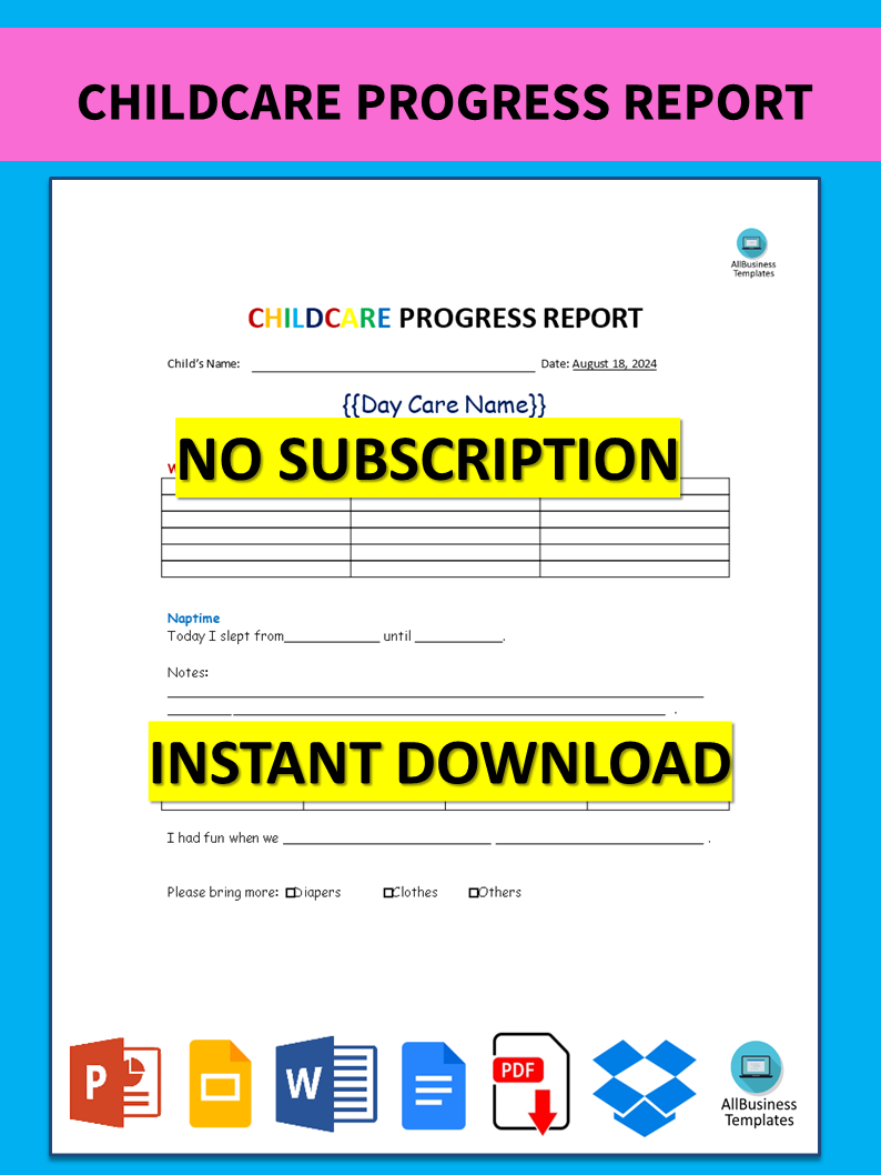 childcare progress report modèles