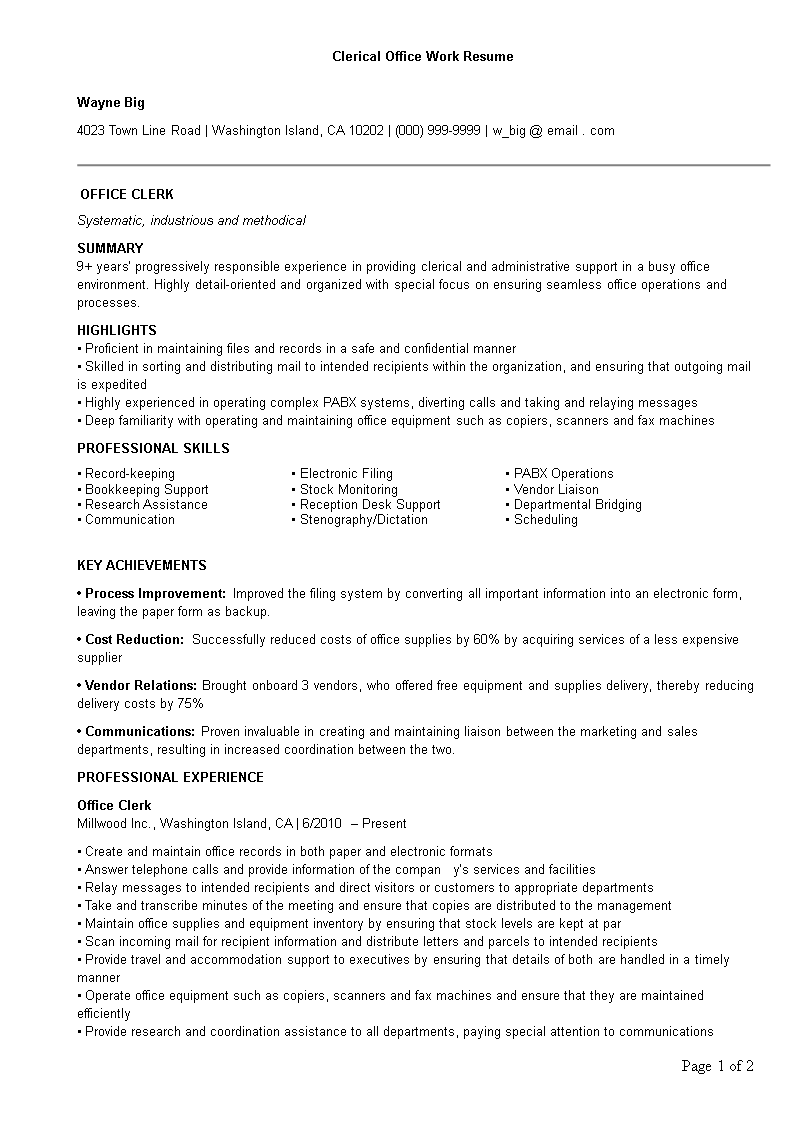 Gratis Clerical Kantoor Werk CV