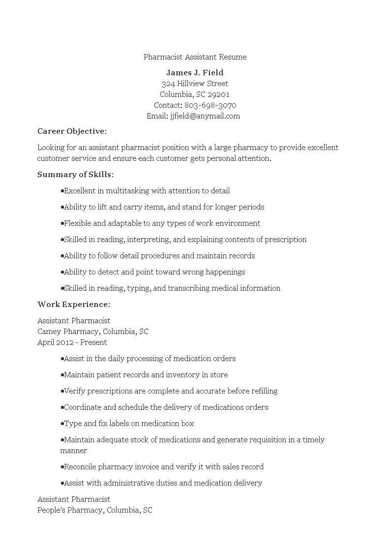 objective in resume pharmacy assistant