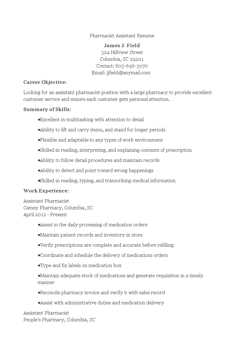 Pharmacist Assistant Resume Templates At Allbusinesstemplates