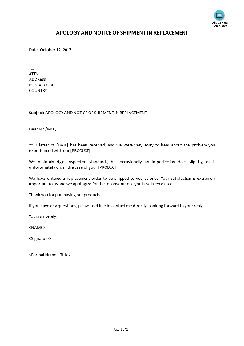 customer service - reply apology and notice of shipment in replacement voorbeeld afbeelding 