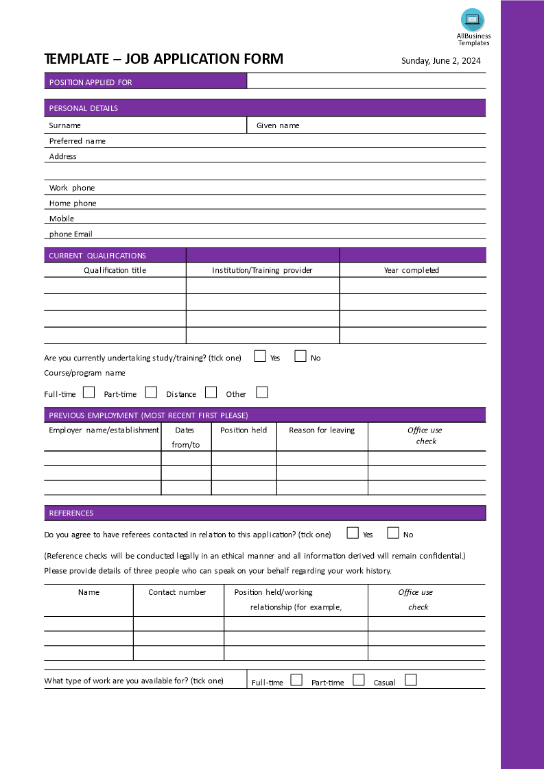 Printable Job Application Form Templates at allbusinesstemplates com